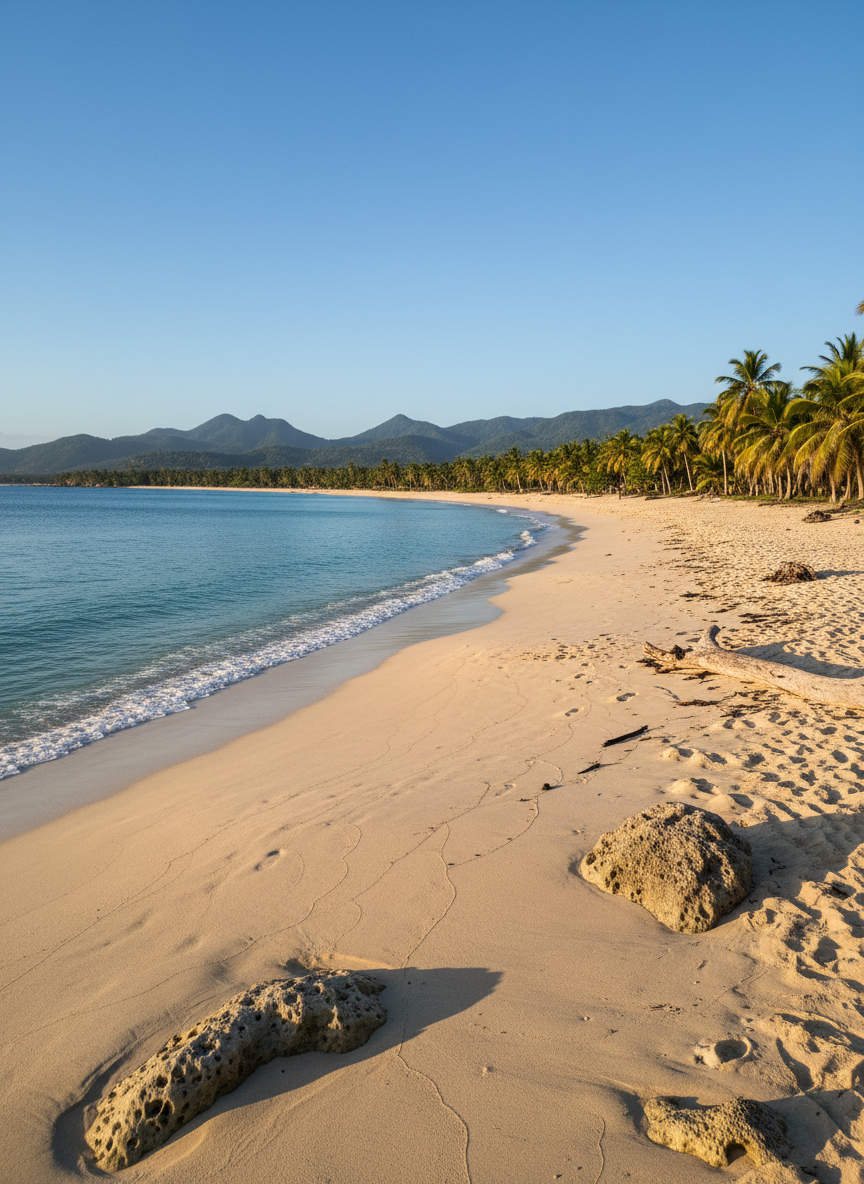 A panoramic photographic realism scene of the Dominican Republic’s north coast without any people, featuring a crescent of pale golden sand edged by turquoise water and lush emerald palms. In the distance, low forested mountains rise gently under a clear cobalt sky. Soft golden hour sunlight washes across the beach, creating long, delicate shadows from scattered driftwood and smooth coral rocks. The atmosphere feels calm and welcoming, suggesting the start of a guided coastal tour. Captured from a slightly elevated eye-level angle with a wide lens, the composition follows the rule of thirds, with sharp focus throughout and a clean, professional travel aesthetic that highlights history, nature, and untouched beauty.