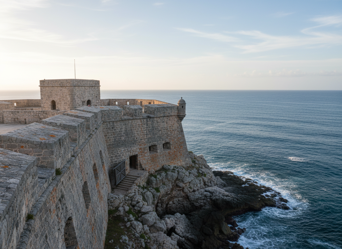 An elevated, photographic realism view of a historic Dominican fortress on a coastal promontory, its massive coral-stone walls and square watchtowers tinged with subtle orange lichen. The fortress overlooks a deep blue sea where gentle waves crash against dark volcanic rocks below. Early morning light casts a soft, diffused glow on the stone, highlighting weathered textures, cannon embrasures, and an old wooden gate slightly ajar. The sky is pale with a few wisps of cloud, creating a contemplative atmosphere that suggests historical tours and storytelling. The composition uses rule of thirds with the fortress dominating the left side and the ocean stretching to the horizon on the right, captured with sharp focus and a calm, professional tone suitable for a cultural heritage tour brand.
