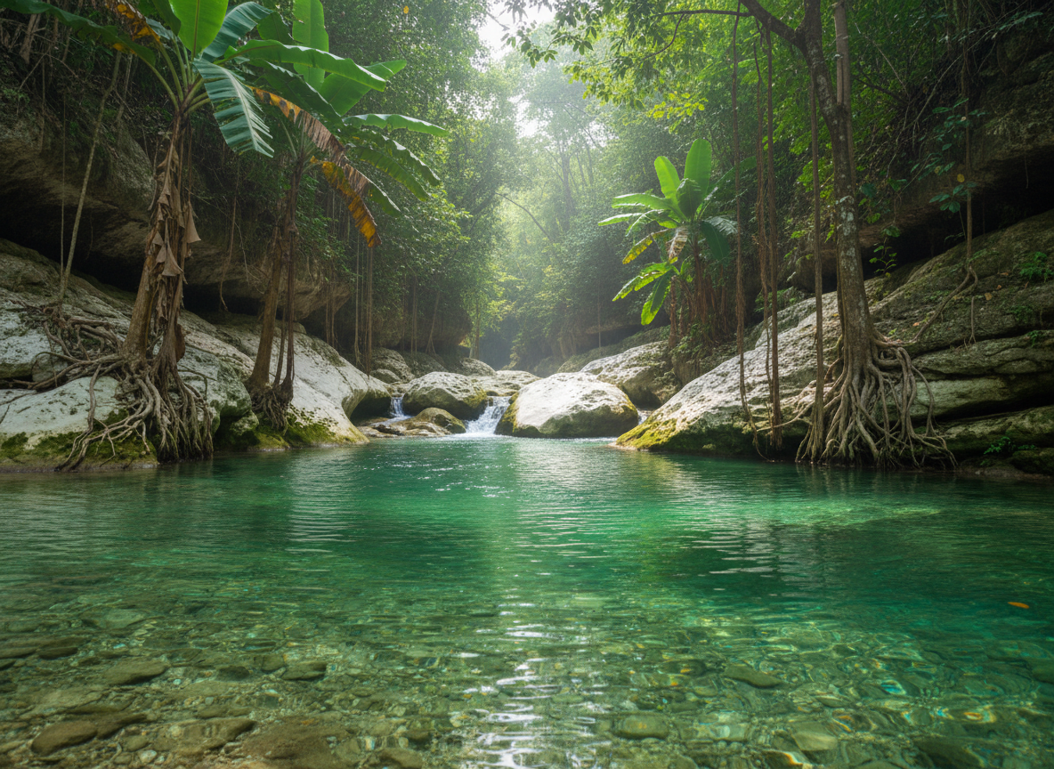 A crystal-clear river in the Dominican Republic cutting through a limestone canyon, its water an intense jade-green, flowing around smooth white rocks and small cascades. Dense tropical vegetation clings to the canyon walls: broad banana leaves, vines, and moss-covered roots. Dappled midday sunlight filters through the canopy above, creating sparkling highlights on the water’s ripples and patchwork shadows on the stone ledges. The atmosphere is adventurous yet serene, evoking eco-tours and nature excursions. Photographed in realistic style from a low angle at the river’s edge, the foreground shows pebbles beneath the shallow water in sharp detail, while the background softly recedes into misty greenery, creating depth and a clean, professional travel-brochure composition without any human presence.