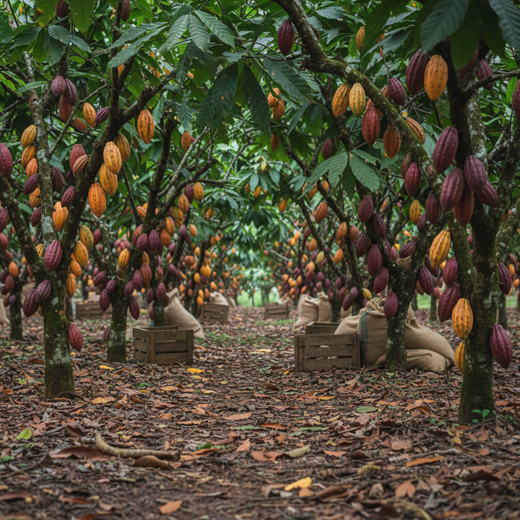 A lush Dominican cacao plantation captured in photographic realism, featuring orderly rows of cacao trees with glossy, dark green leaves and large, ripening pods in shades of yellow, orange, and deep burgundy clinging to moss-speckled trunks. The ground is covered in rich brown soil and fallen leaves, with scattered wooden crates and burlap sacks hinting at upcoming harvest tours, but no people present. Soft overcast light filters evenly through the canopy, eliminating harsh shadows and emphasizing textures on the pods and bark. Shot from a slightly low, close-up angle along a central row, the foreground pods are crisply detailed while the background gently blurs into an inviting bokeh of layered greenery, conveying a professional, educational, and sensorial atmosphere ideal for agro-tour experiences.