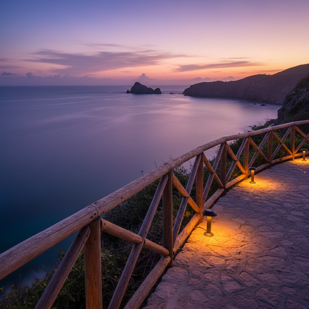 A twilight photographic realism scene of a secluded Dominican bay seen from a cliffside lookout designed as a tour viewpoint. A sturdy wooden railing made from rough-hewn tropical hardwood frames the lower edge of the image, overlooking calm, glassy water that reflects streaks of purple, pink, and amber from the setting sun. Dark silhouettes of distant headlands and a small offshore rocky islet add depth without human-made clutter. Subtle solar path lights along the stone pathway leading to the railing emit a warm, understated glow. The mood is romantic and contemplative, suggesting evening excursions and quiet reflection on nature’s beauty. Captured from eye level with a wide lens, the composition balances sky and sea, maintaining a clean, professional, and aspirational travel aesthetic.