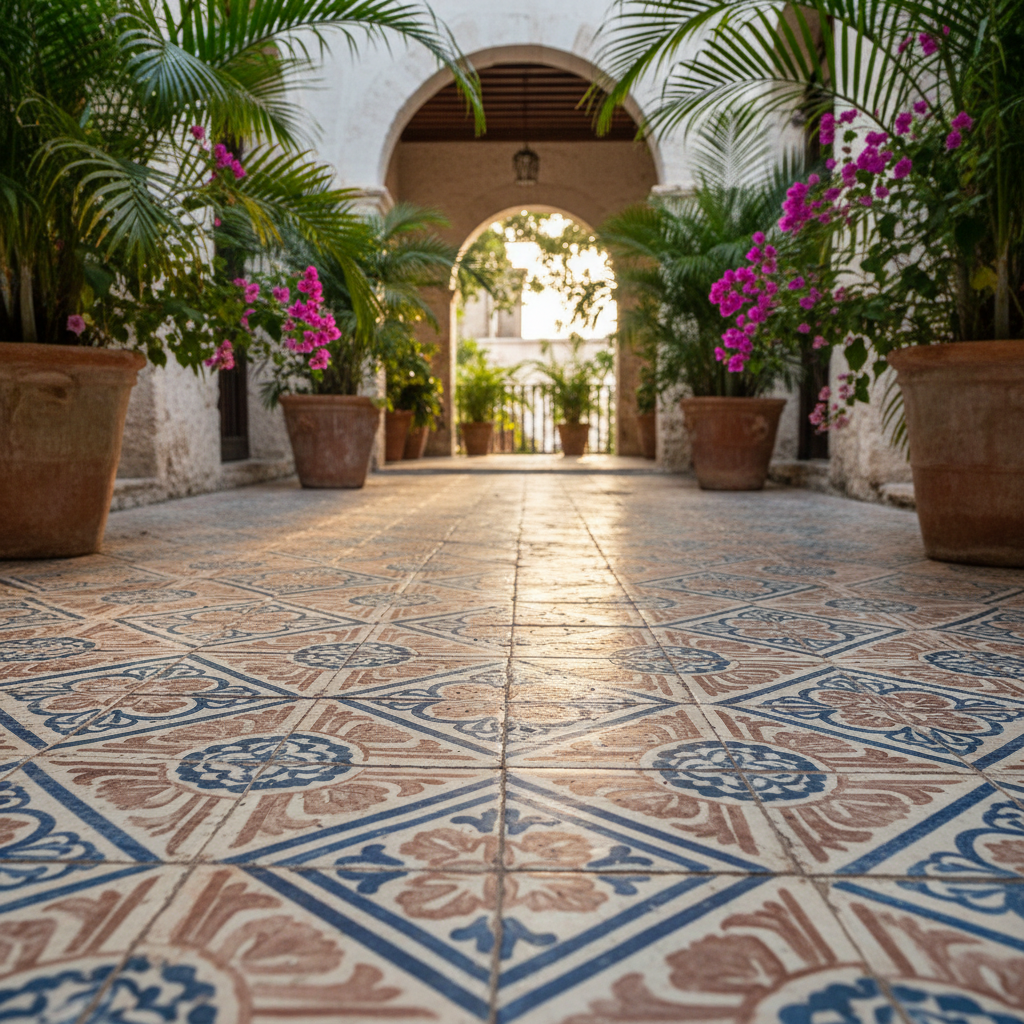 A vibrant photographic realism close-up of traditional Dominican tiles on an old colonial courtyard floor in Santo Domingo, showing intricate hand-painted patterns in cobalt blue, terracotta, and cream. Some tiles are slightly chipped or worn, revealing the passage of time. Around the edges, terracotta pots with mature palms and flowering bougainvillea create pops of magenta and deep green, set against whitewashed stone walls. Soft mid-morning sunlight streams in from an unseen archway, casting geometric shadows from wrought-iron railings across the tiles. The composition is shot from a slightly elevated perspective, focusing sharply on textures and patterns in the foreground while the background softly blurs. The mood is cultured and refined, ideal for tours focused on architecture, history, and hidden courtyards, with a polished, professional style.